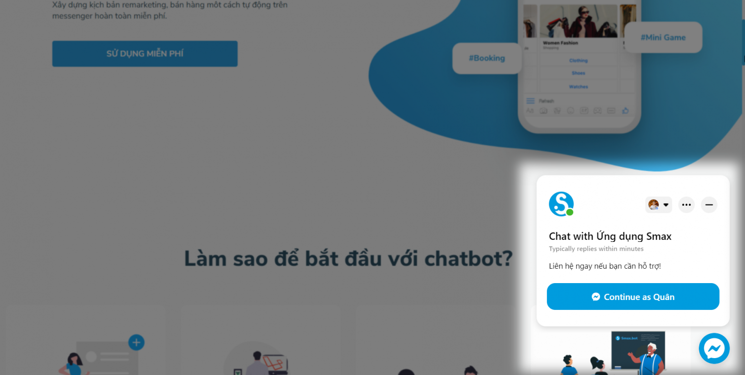 Hộp thoại Customer Chat trên trang chủ Smax.bot